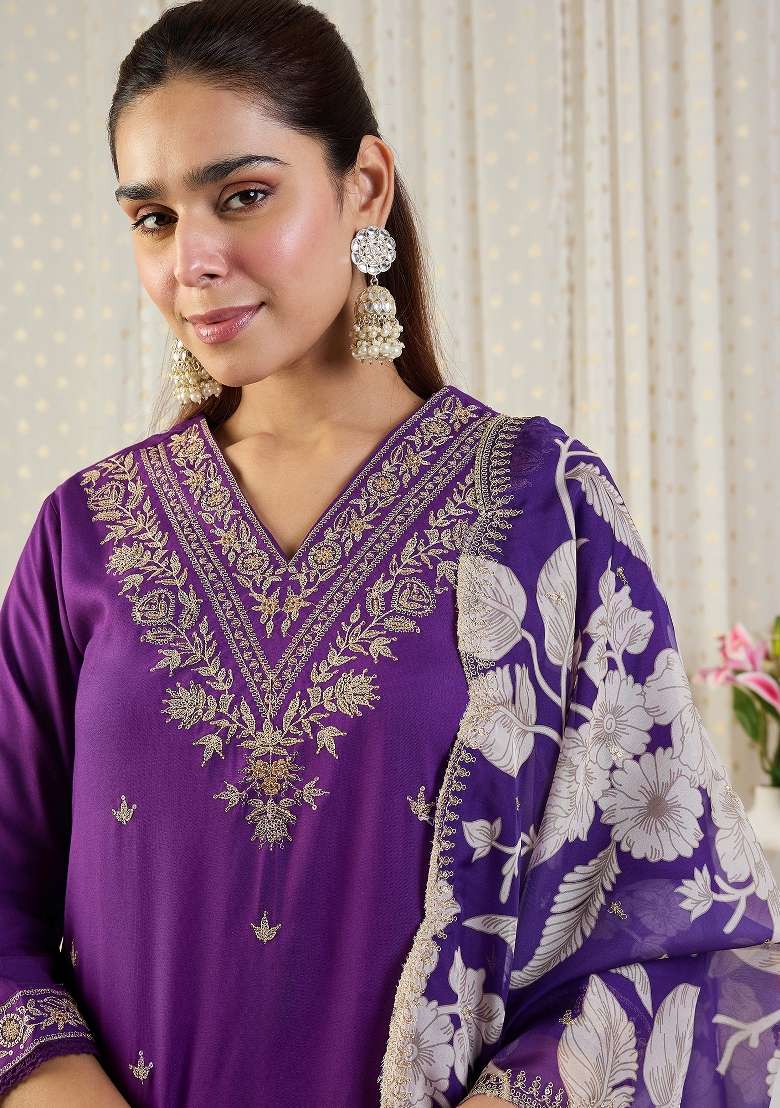 Purple Embroidery Viscose Kurta Set - Indya