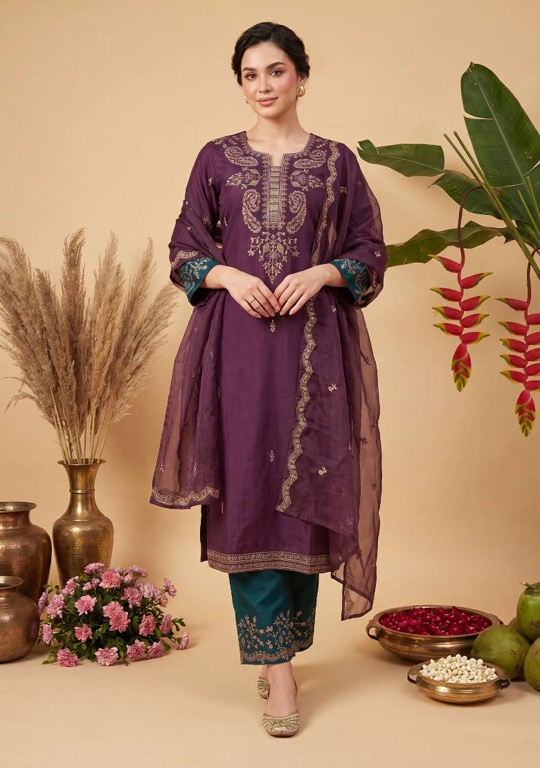 Burgundy Embroidery Viscose Kurta Set - Indya