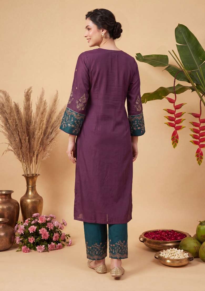 Burgundy Embroidery Viscose Kurta Set - Indya
