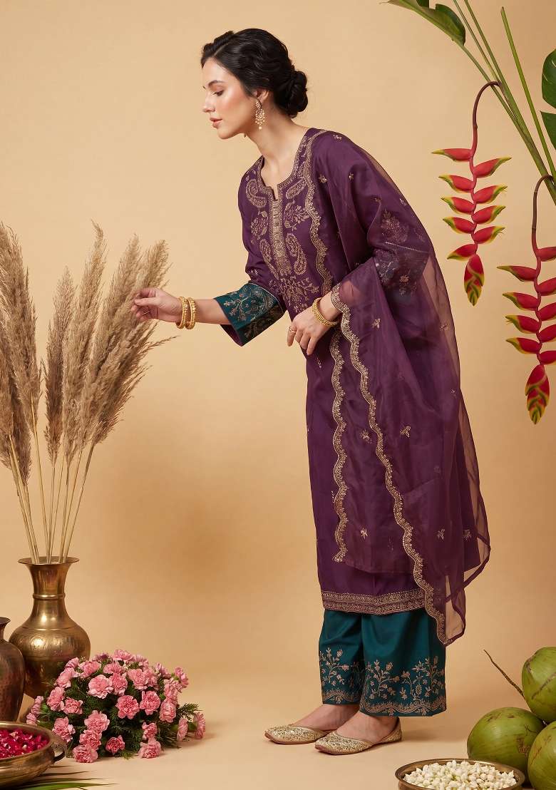 Burgundy Embroidery Viscose Kurta Set - Indya