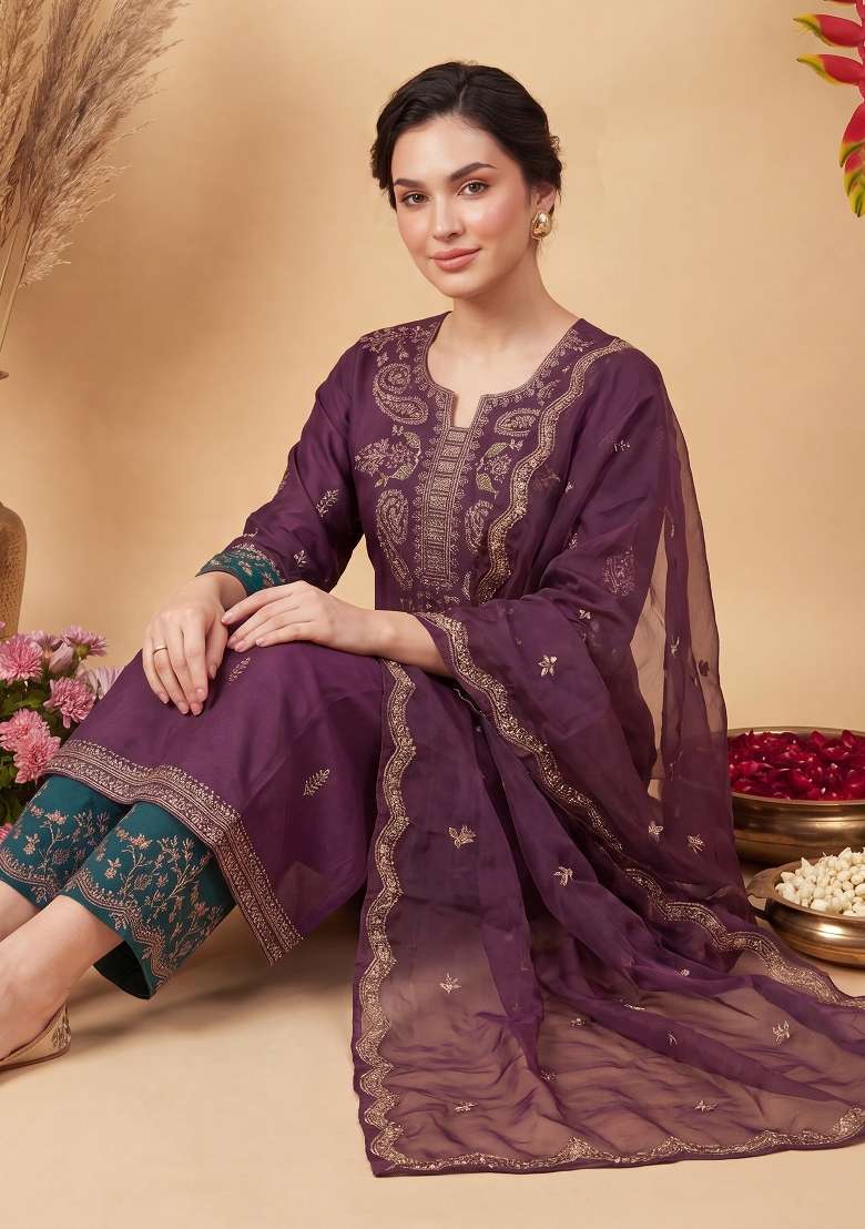 Burgundy Embroidery Viscose Kurta Set - Indya