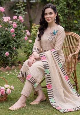 Beige Embroidery Silk Kurta Set