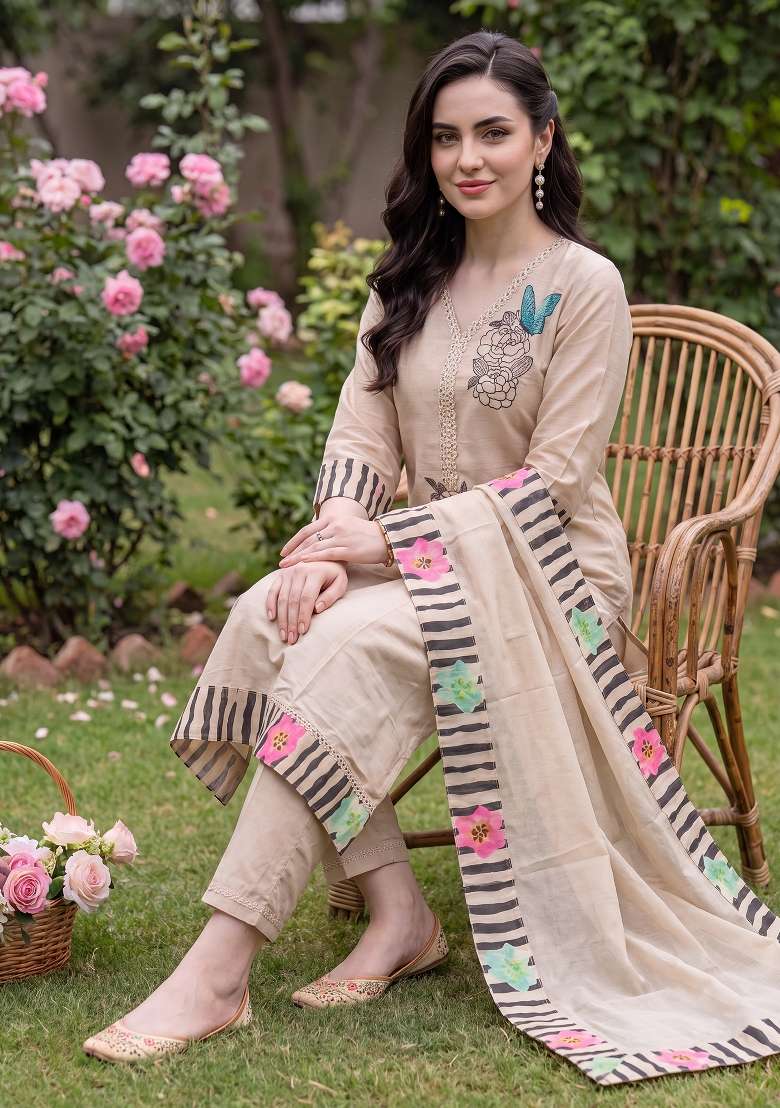 Beige Embroidery Silk Kurta Set - Indya