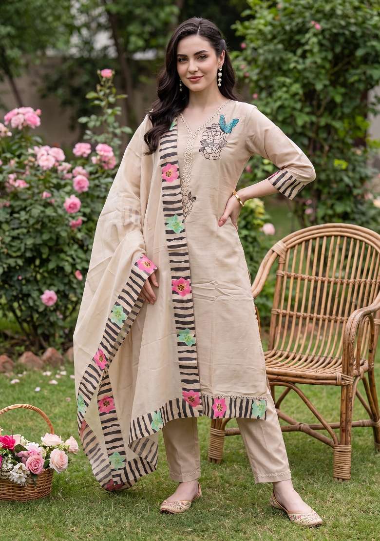 Beige Embroidery Silk Kurta Set - Indya