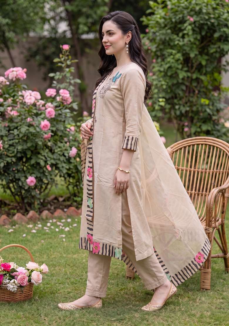 Beige Embroidery Silk Kurta Set - Indya