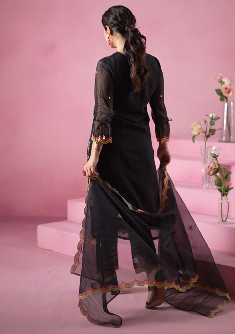 Black Embroidery Organza Kurta Set - Indya
