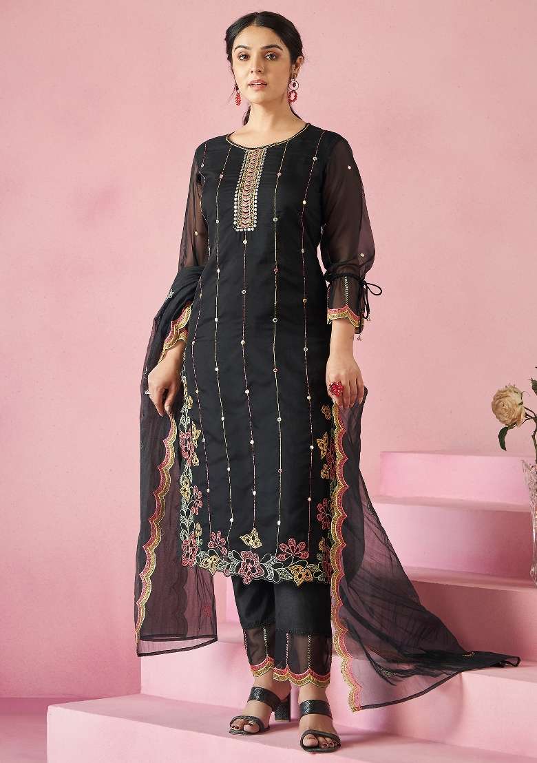 Black Embroidery Organza Kurta Set - Indya