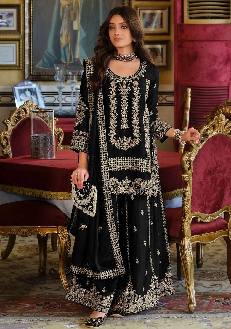 Black Embroidery Chinnon Kurta Set - Indya