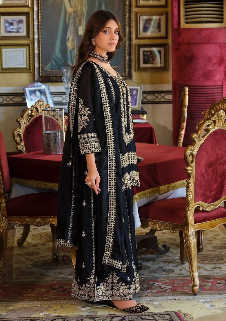 Black Embroidery Chinnon Kurta Set - Indya