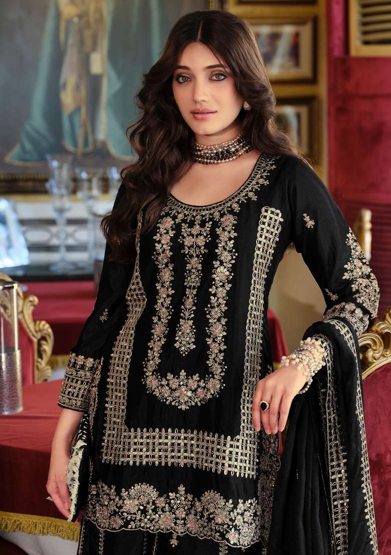 Black Embroidery Chinnon Kurta Set - Indya