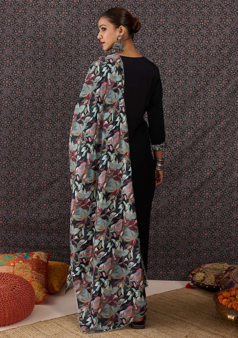 Black Printed Silk Kurta Set - Indya