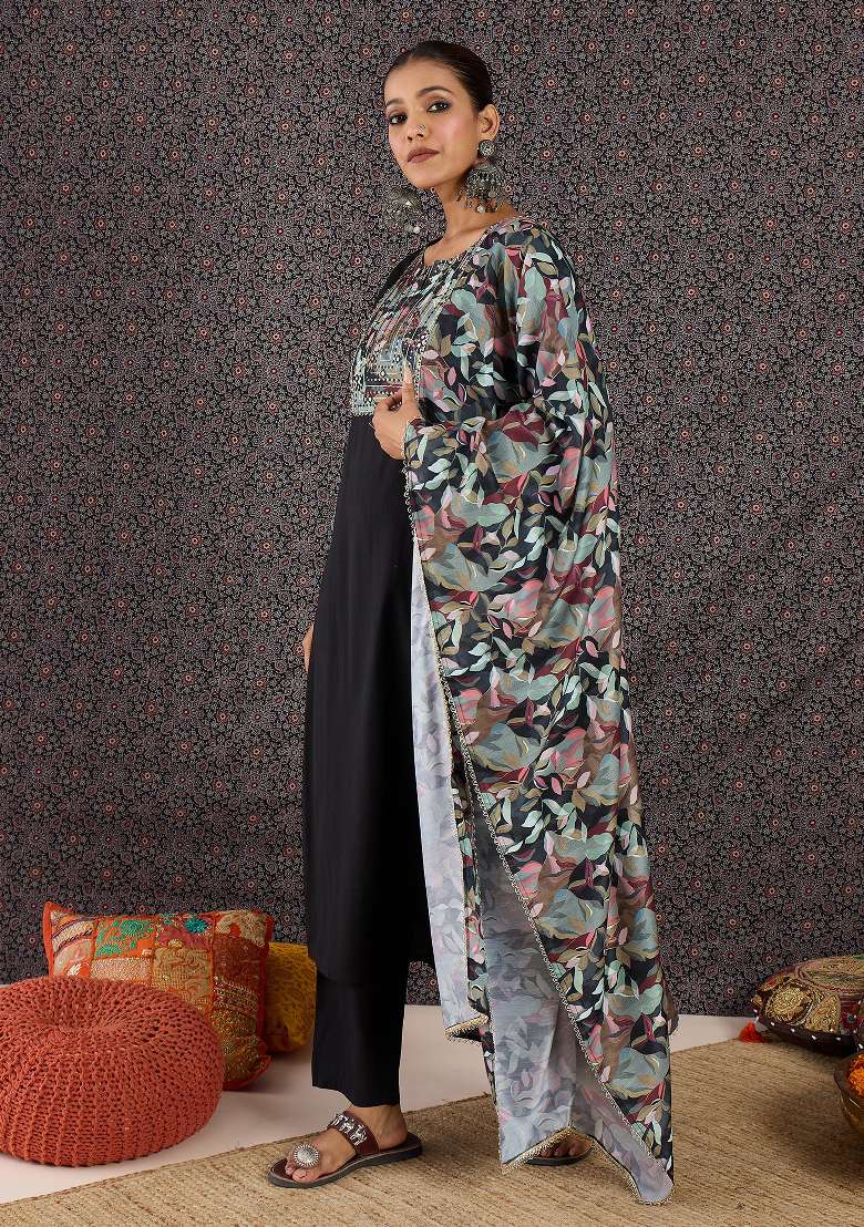 Black Printed Silk Kurta Set - Indya