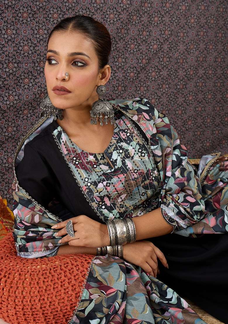 Black Printed Silk Kurta Set - Indya