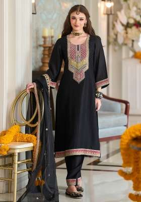 Black Embroidery Silk Kurta Set