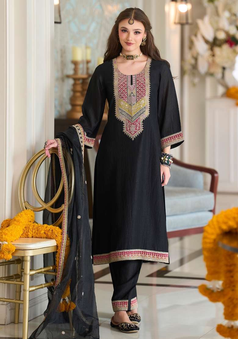 Black Embroidery Silk Kurta Set - Indya
