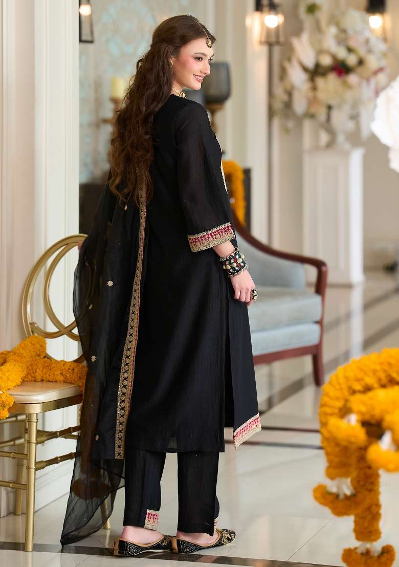 Black Embroidery Silk Kurta Set - Indya