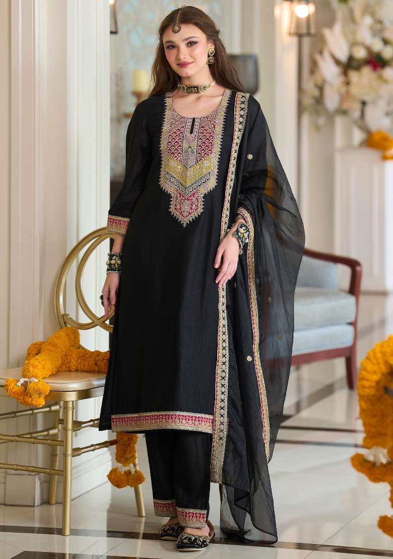 Black Embroidery Silk Kurta Set - Indya