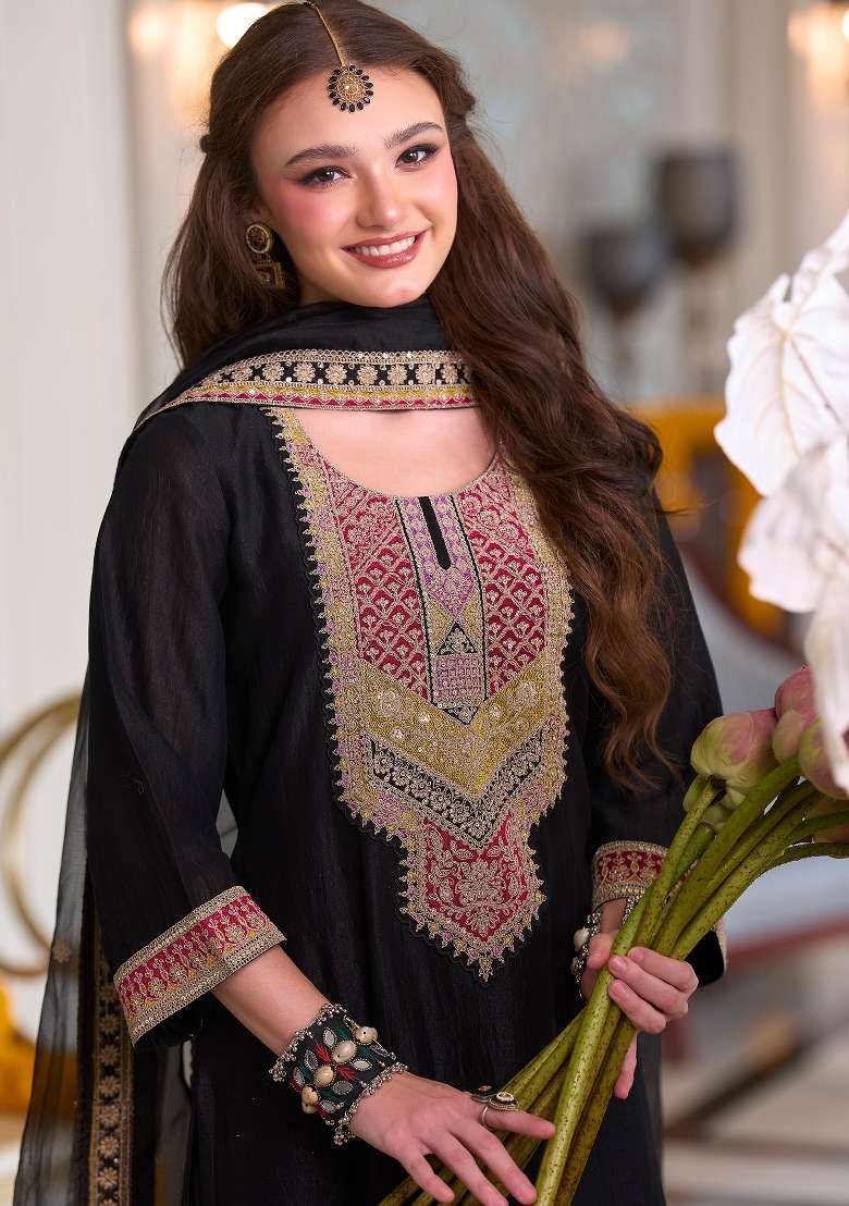 Black Embroidery Silk Kurta Set - Indya