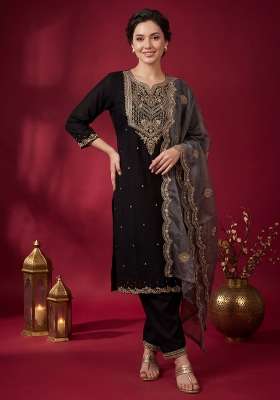 Black Embroidery Chinnon Kurta Set