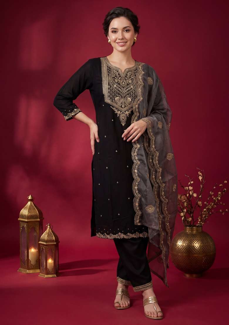 Black Embroidery Chinnon Kurta Set - Indya