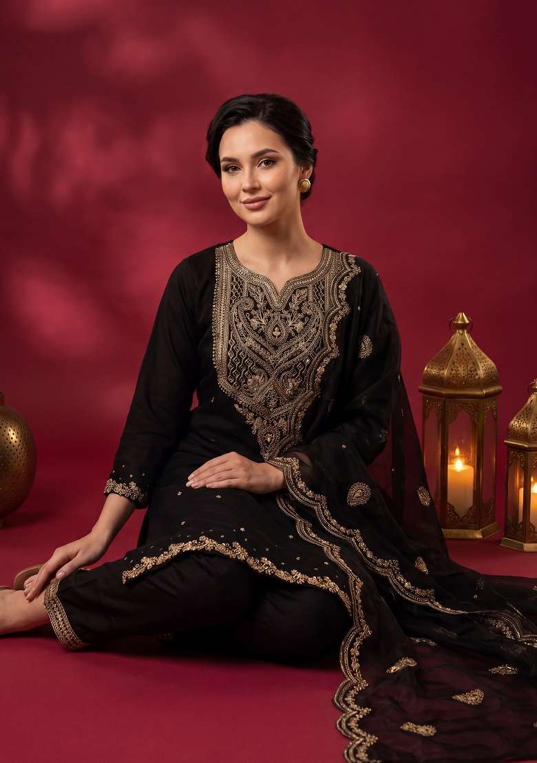 Black Embroidery Chinnon Kurta Set - Indya