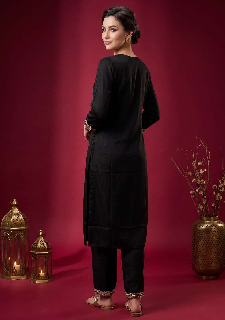 Black Embroidery Chinnon Kurta Set - Indya