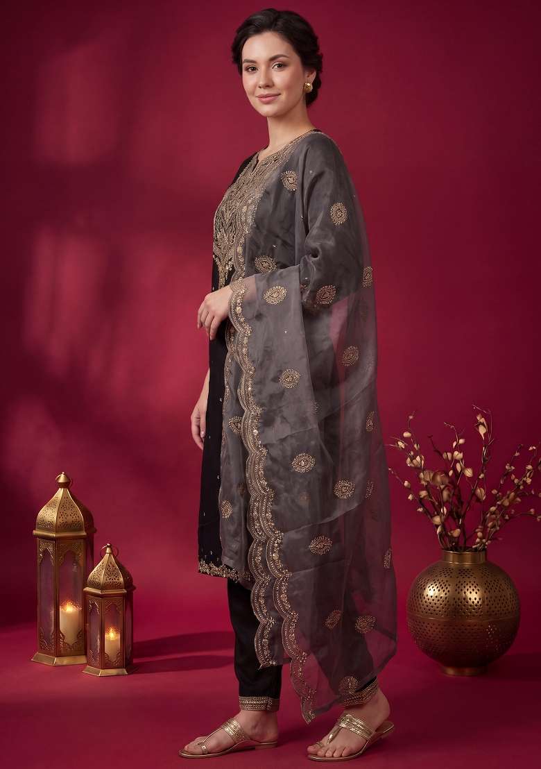 Black Embroidery Chinnon Kurta Set - Indya
