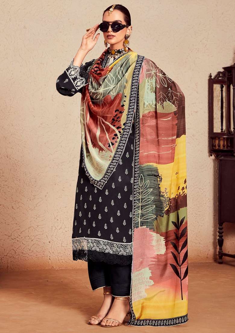 Black Printed Cotton Kurta Set - Indya