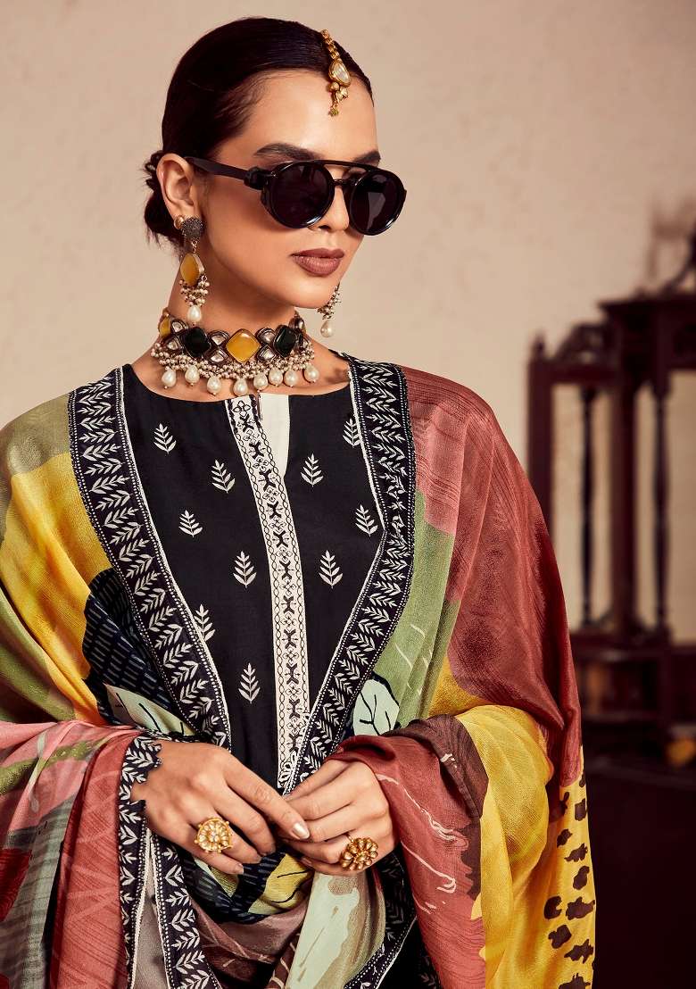 Black Printed Cotton Kurta Set - Indya