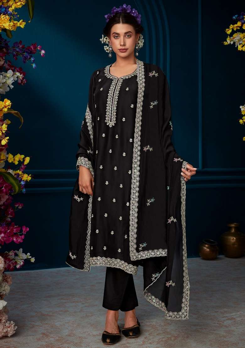 Black Embroidery Silk Kurta Set - Indya