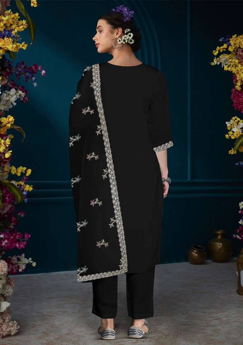 Black Embroidery Silk Kurta Set - Indya
