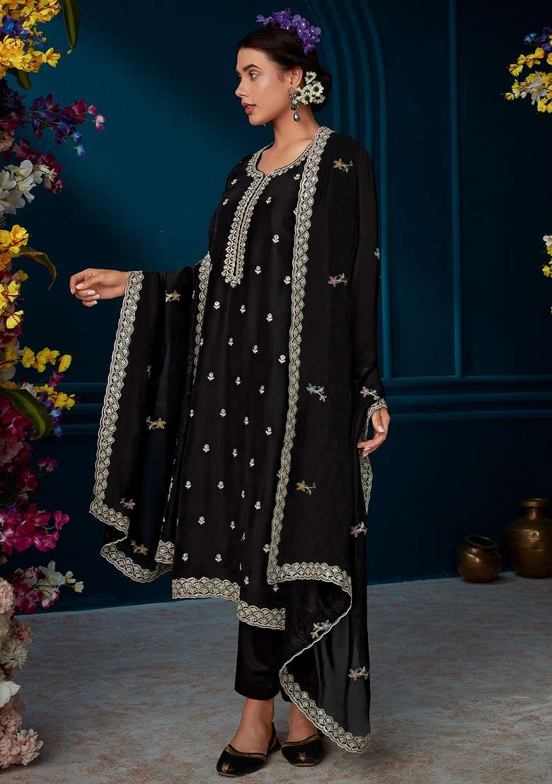 Black Embroidery Silk Kurta Set - Indya