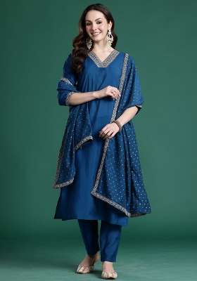 Blue Embroidery Silk Kurta Set
