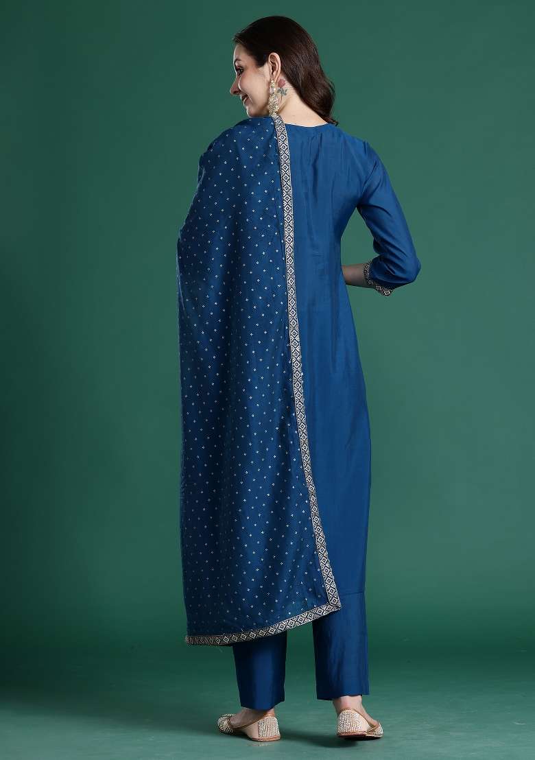 Blue Embroidery Silk Kurta Set - Indya