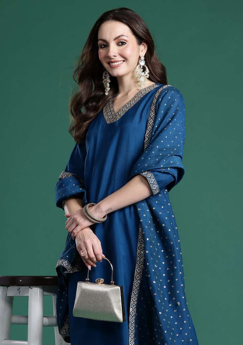 Blue Embroidery Silk Kurta Set - Indya