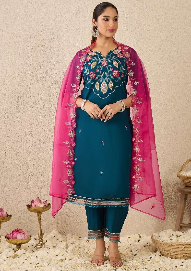 Blue Embroidery Silk Kurta Set - Indya