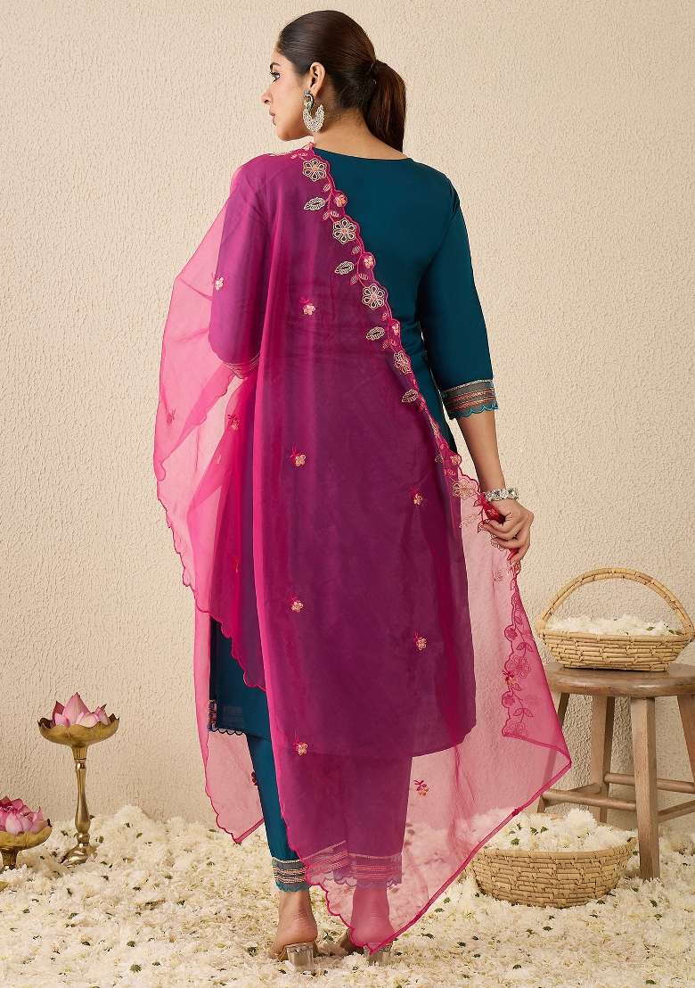 Blue Embroidery Silk Kurta Set - Indya