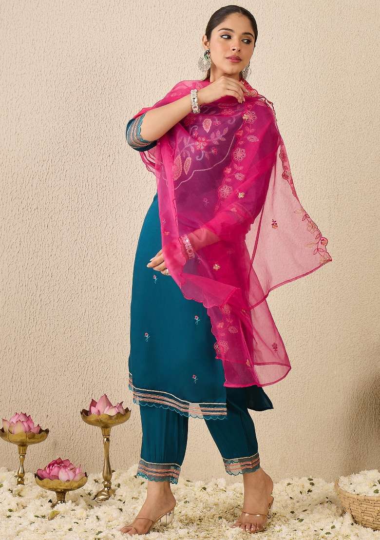Blue Embroidery Silk Kurta Set - Indya