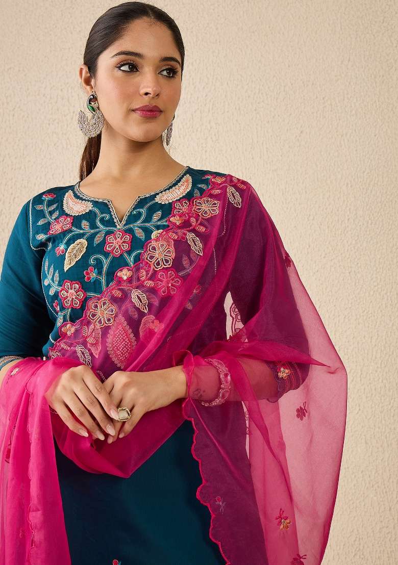 Blue Embroidery Silk Kurta Set - Indya