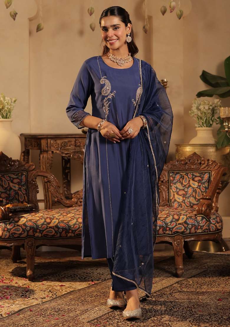 Blue Embroidery Silk Kurta Set - Indya