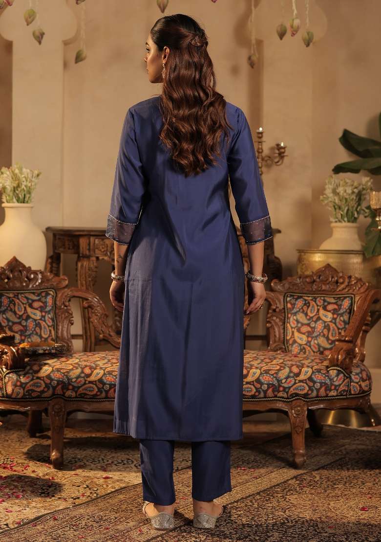 Blue Embroidery Silk Kurta Set - Indya