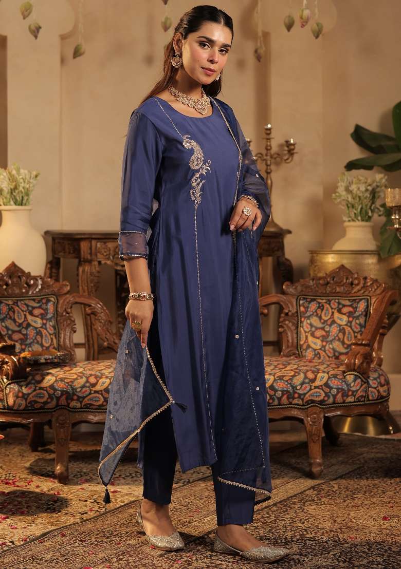 Blue Embroidery Silk Kurta Set - Indya