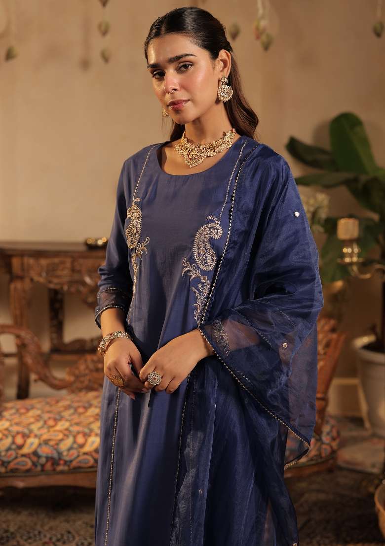 Blue Embroidery Silk Kurta Set - Indya