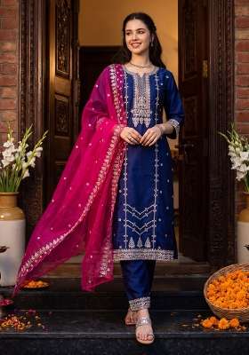 Purple Embroidery Chinnon Kurta Set