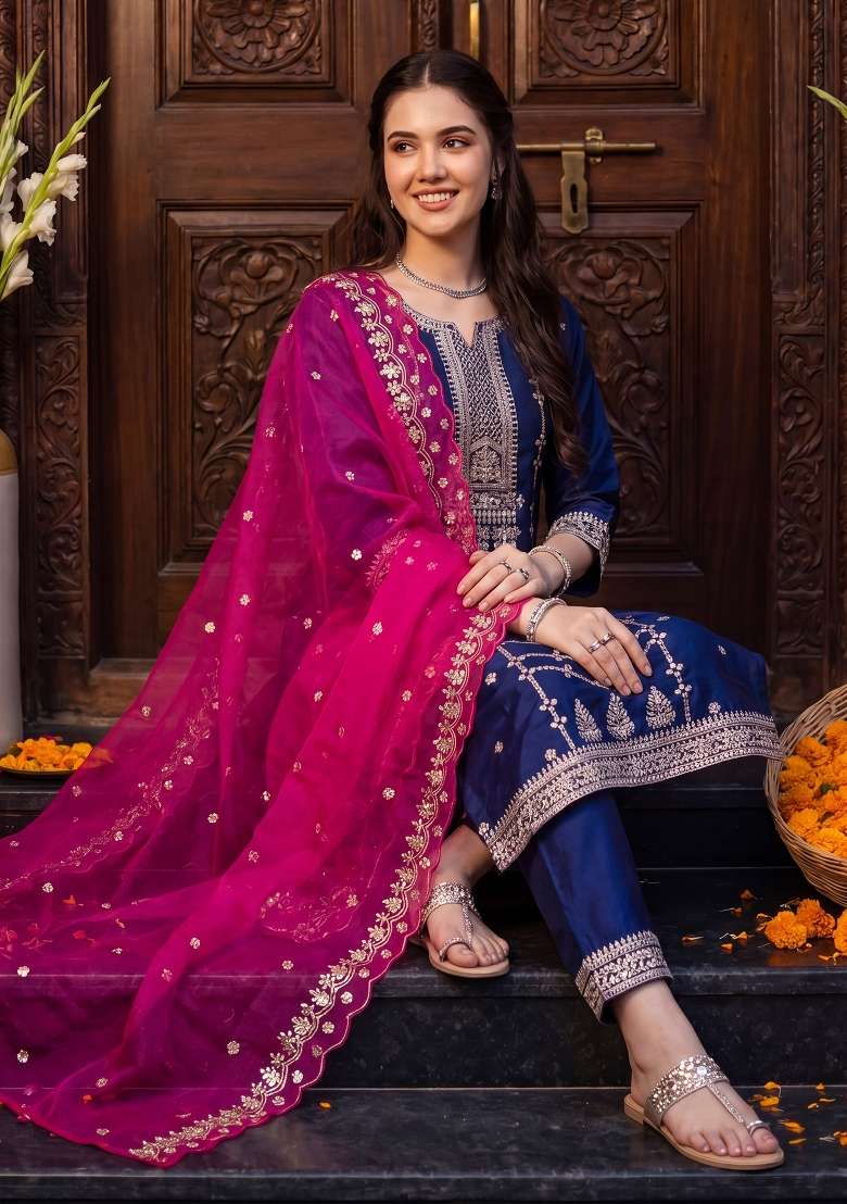 Purple Embroidery Chinnon Kurta Set - Indya