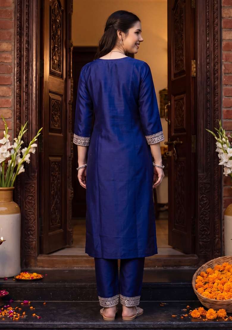 Purple Embroidery Chinnon Kurta Set - Indya