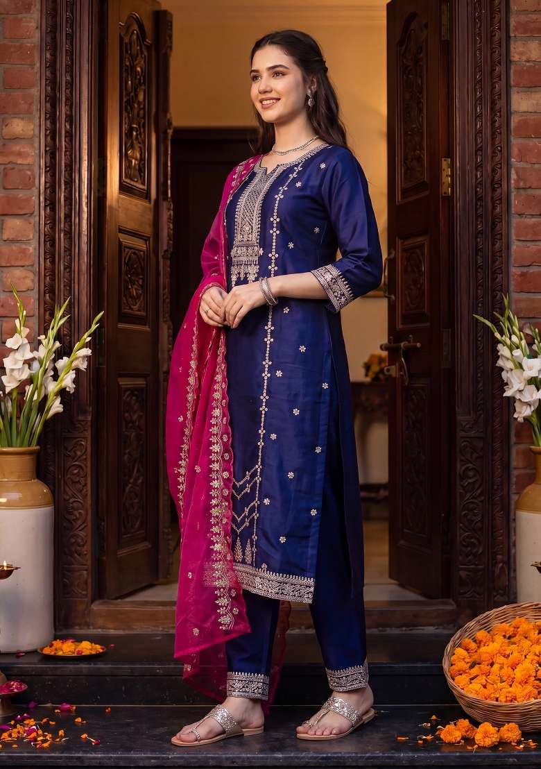 Purple Embroidery Chinnon Kurta Set - Indya