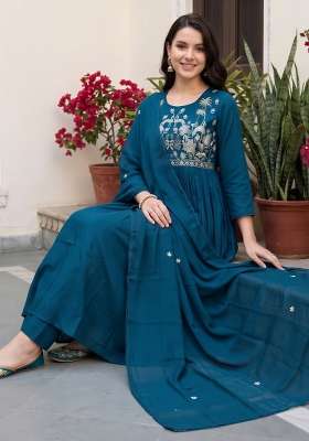 Blue Embroidery Cotton Kurta Set