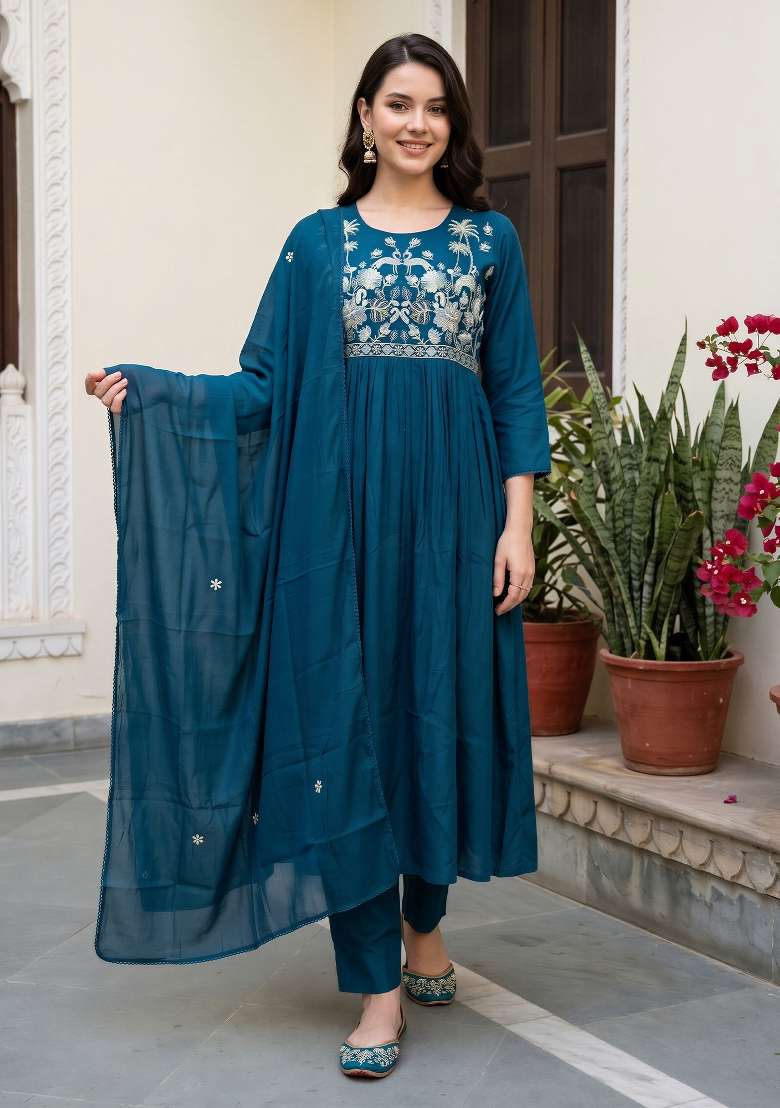 Blue Embroidery Cotton Kurta Set - Indya