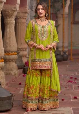 Green Embroidery Chinnon Kurta Set